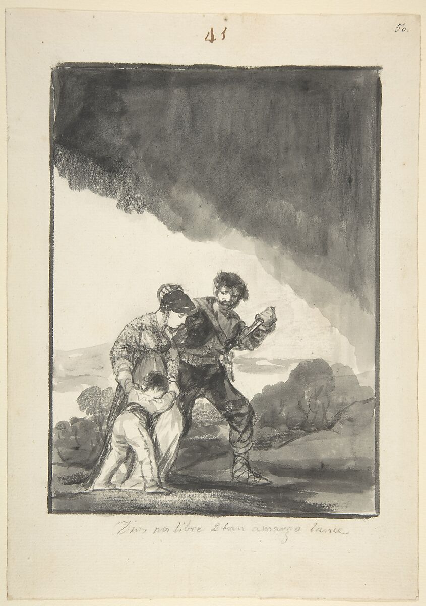 God save us from such a bitter fate; a bandit threatening a woman and a child with a knife, page 41 from the "Black Border Album" (E), Goya (Francisco de Goya y Lucientes)  Spanish, Brush, carbon black gray ink and was, scraper on laid paper