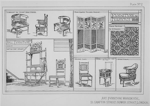 Art Furniture, Edward William Godwin (British, Bristol 1833–1886 London), Illustrations: lithographs, printed in brown ink 