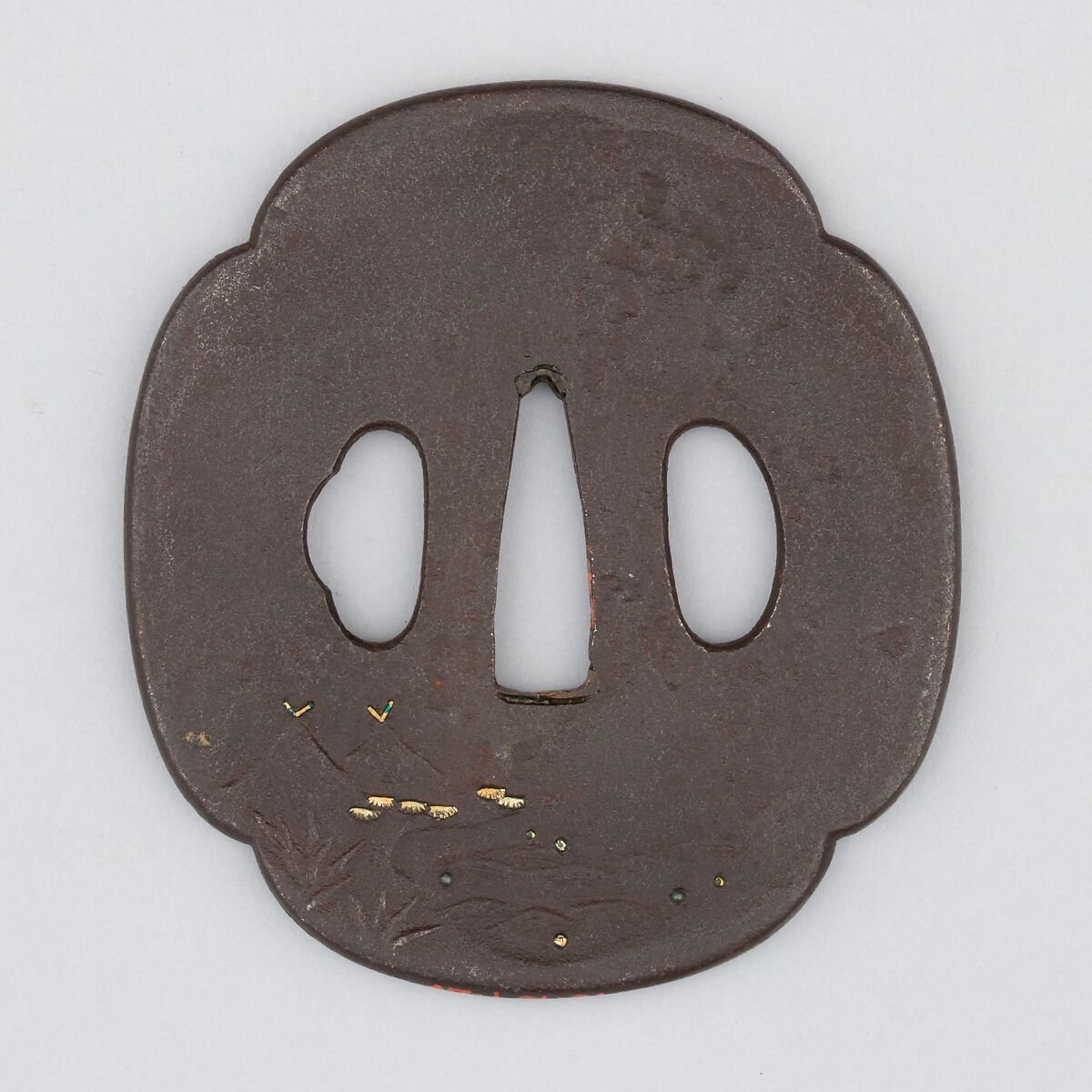 Sword Guard (Tsuba), Iron, copper, gold, silver, copper-silver alloy (shibuichi), Japanese