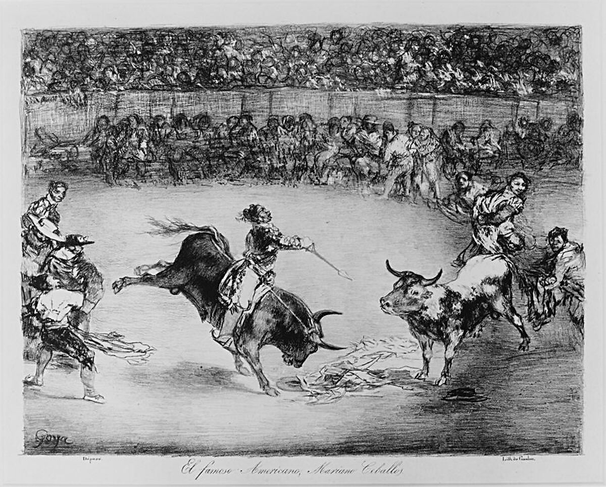 Mariano Ceballos riding a bull from the 'Bulls of Bordeaux', Goya (Francisco de Goya y Lucientes) (Spanish, Fuendetodos 1746–1828 Bordeaux), Crayon lithograph and scraper