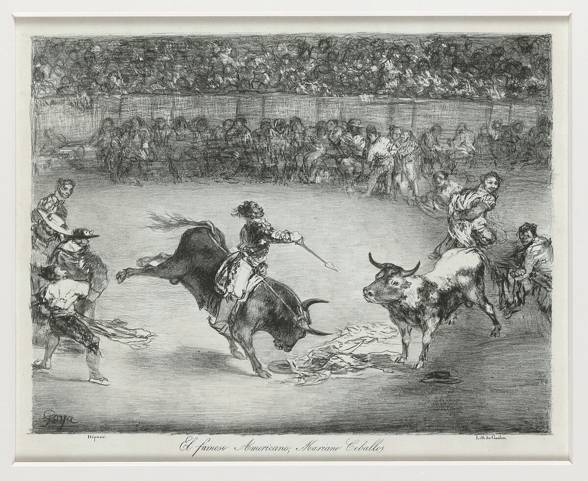 Mariano Ceballos riding a bull from the 'Bulls of Bordeaux', Goya (Francisco de Goya y Lucientes) (Spanish, Fuendetodos 1746–1828 Bordeaux), Crayon lithograph and scraper 