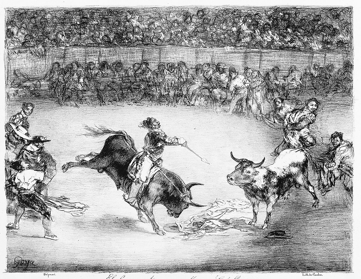 Mariano Ceballos riding a bull from the 'Bulls of Bordeaux', Goya (Francisco de Goya y Lucientes) (Spanish, Fuendetodos 1746–1828 Bordeaux), Crayon lithograph and scraper