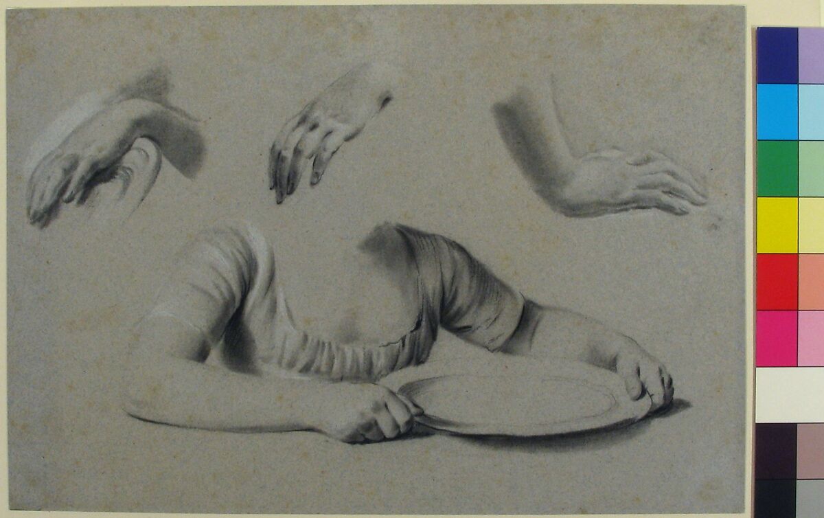 Studies of Hands and the Bust of a Young Girl Holding a Plate, Louis Léopold Boilly (French, La Bassée 1761–1845 Paris), Black chalk, stumped, heightened with white chalk on light brown paper