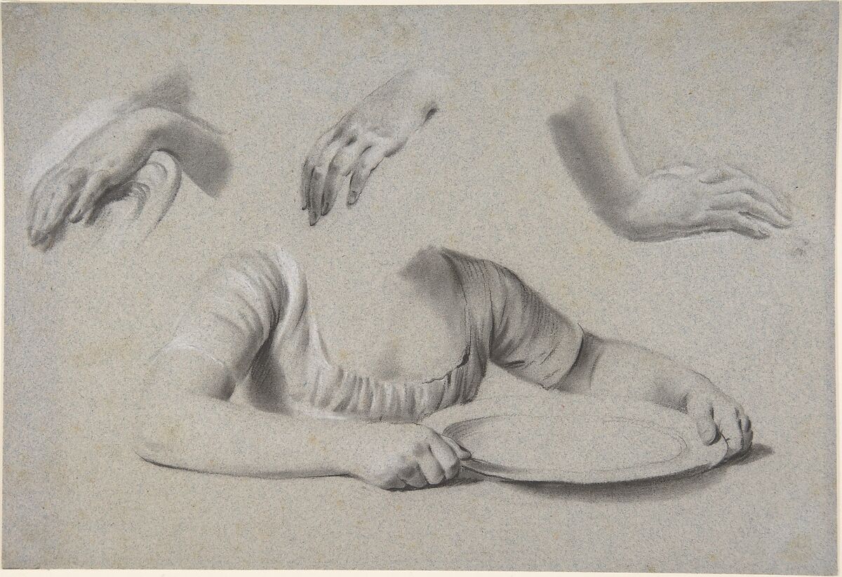 Studies of Hands and the Bust of a Young Girl Holding a Plate, Louis Léopold Boilly (French, La Bassée 1761–1845 Paris), Black chalk, stumped, heightened with white chalk on light brown paper 