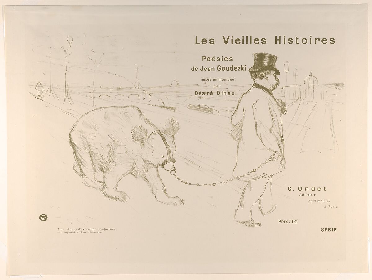 Cover Design for "Les Vieilles Histoires", Henri de Toulouse-Lautrec (French, Albi 1864–1901 Saint-André-du-Bois), Lithograph printed in olive green on wove paper; first state of two; proof apart from the edition of ca.100 printed in black 