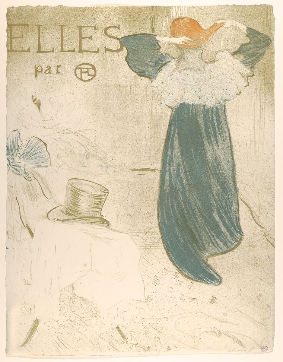 Elles (portfolio cover), Henri de Toulouse-Lautrec (French, Albi 1864–1901 Saint-André-du-Bois), Crayon, brush, and spatter lithograph printed in three colors on wove paper with watermark (G. Pellet / T. Lautrec); second state of three (frontispiece edition) 