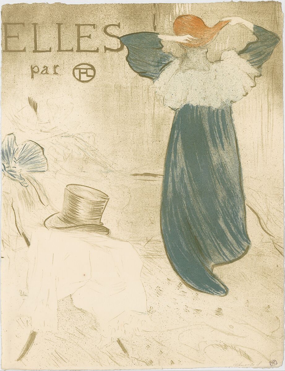 Elles (portfolio cover), Henri de Toulouse-Lautrec (French, Albi 1864–1901 Saint-André-du-Bois), Crayon, brush, and spatter lithograph printed in three colors on wove paper with watermark (G. Pellet / T. Lautrec); second state of three (frontispiece edition)
