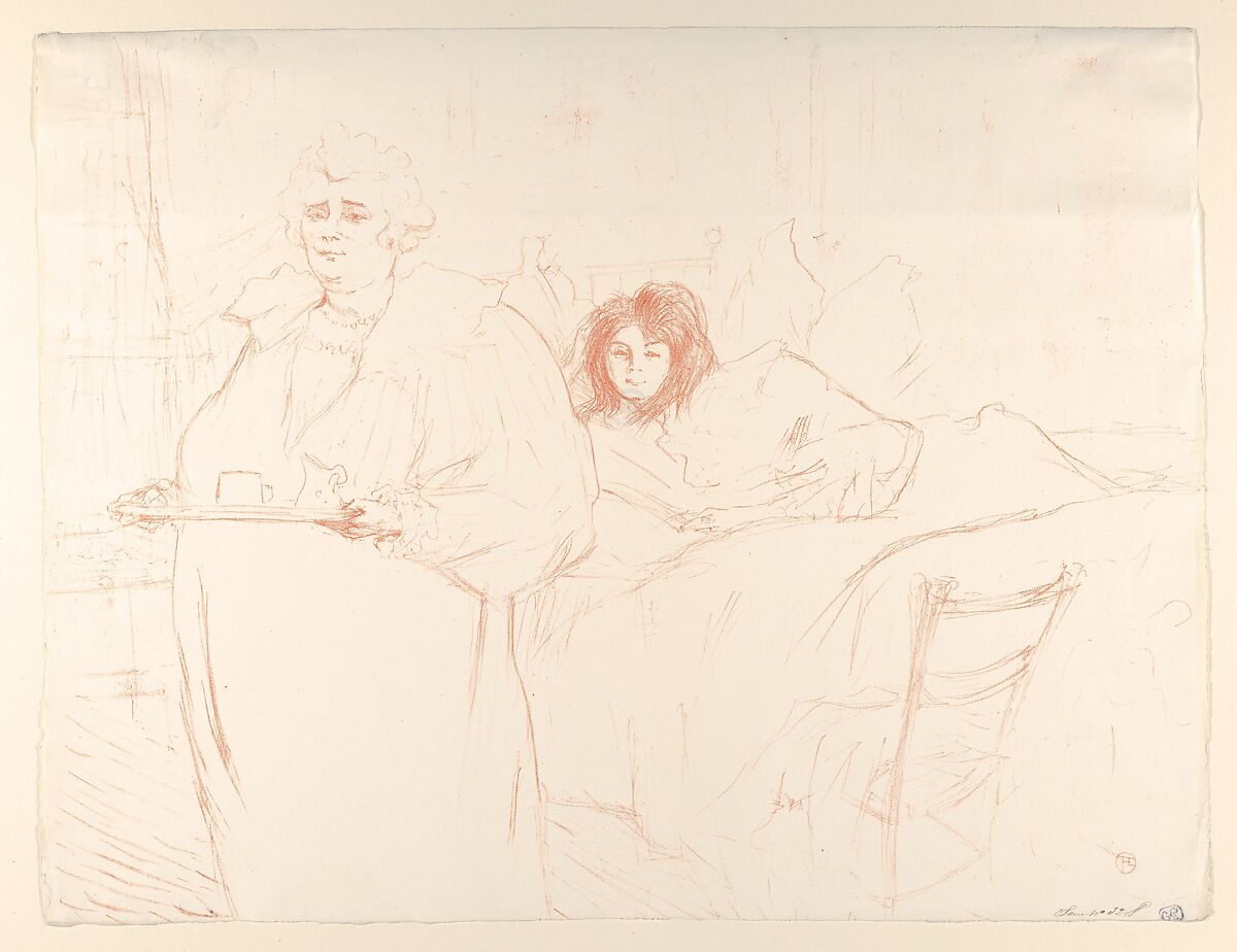 Serving Breakfast (Madame Baron and Mademoiselle Popo), from "Elles", Henri de Toulouse-Lautrec (French, Albi 1864–1901 Saint-André-du-Bois), Crayon lithograph with scraper printed in sanguine on wove paper 