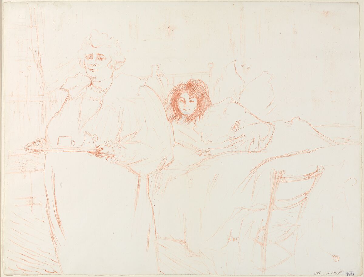 Serving Breakfast (Madame Baron and Mademoiselle Popo), from "Elles", Henri de Toulouse-Lautrec (French, Albi 1864–1901 Saint-André-du-Bois), Crayon lithograph with scraper printed in sanguine on wove paper