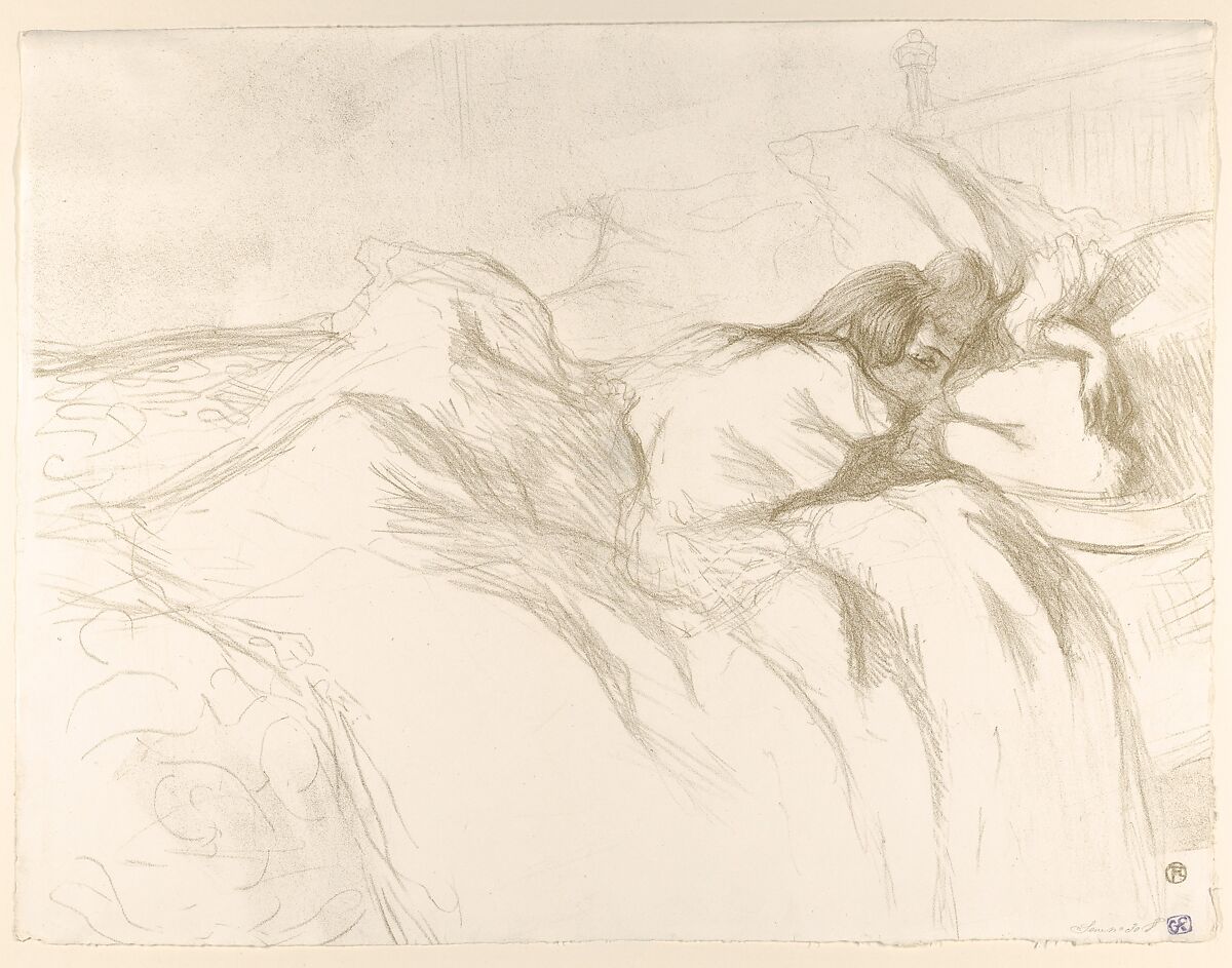 Waking Up, from "Elles", Henri de Toulouse-Lautrec (French, Albi 1864–1901 Saint-André-du-Bois), Crayon lithograph with scraper printed in olive-gray on wove paper 