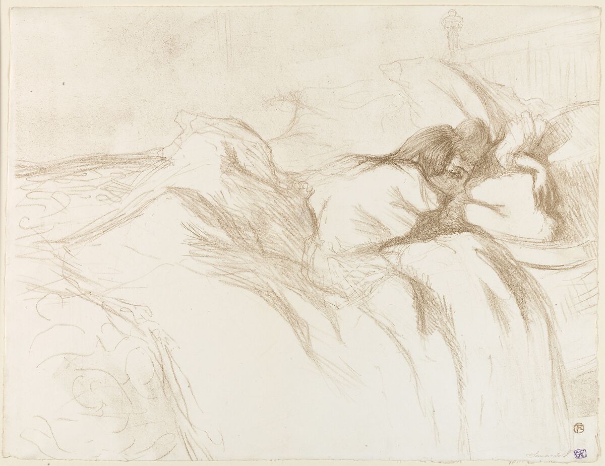 Waking Up, from "Elles", Henri de Toulouse-Lautrec (French, Albi 1864–1901 Saint-André-du-Bois), Crayon lithograph with scraper printed in olive-gray on wove paper