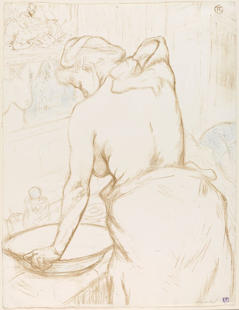 Washing, from "Elles", Henri de Toulouse-Lautrec (French, Albi 1864–1901 Saint-André-du-Bois), Crayon lithograph, printed in olive-brown and blue on wove paper