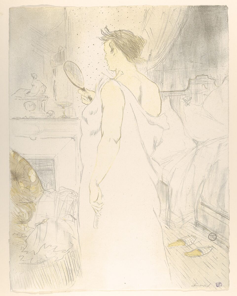 Looking in a Mirror, from "Elles", Henri de Toulouse-Lautrec (French, Albi 1864–1901 Saint-André-du-Bois), Crayon, brush and spatter lithograph printed in three colors on  wove paper 