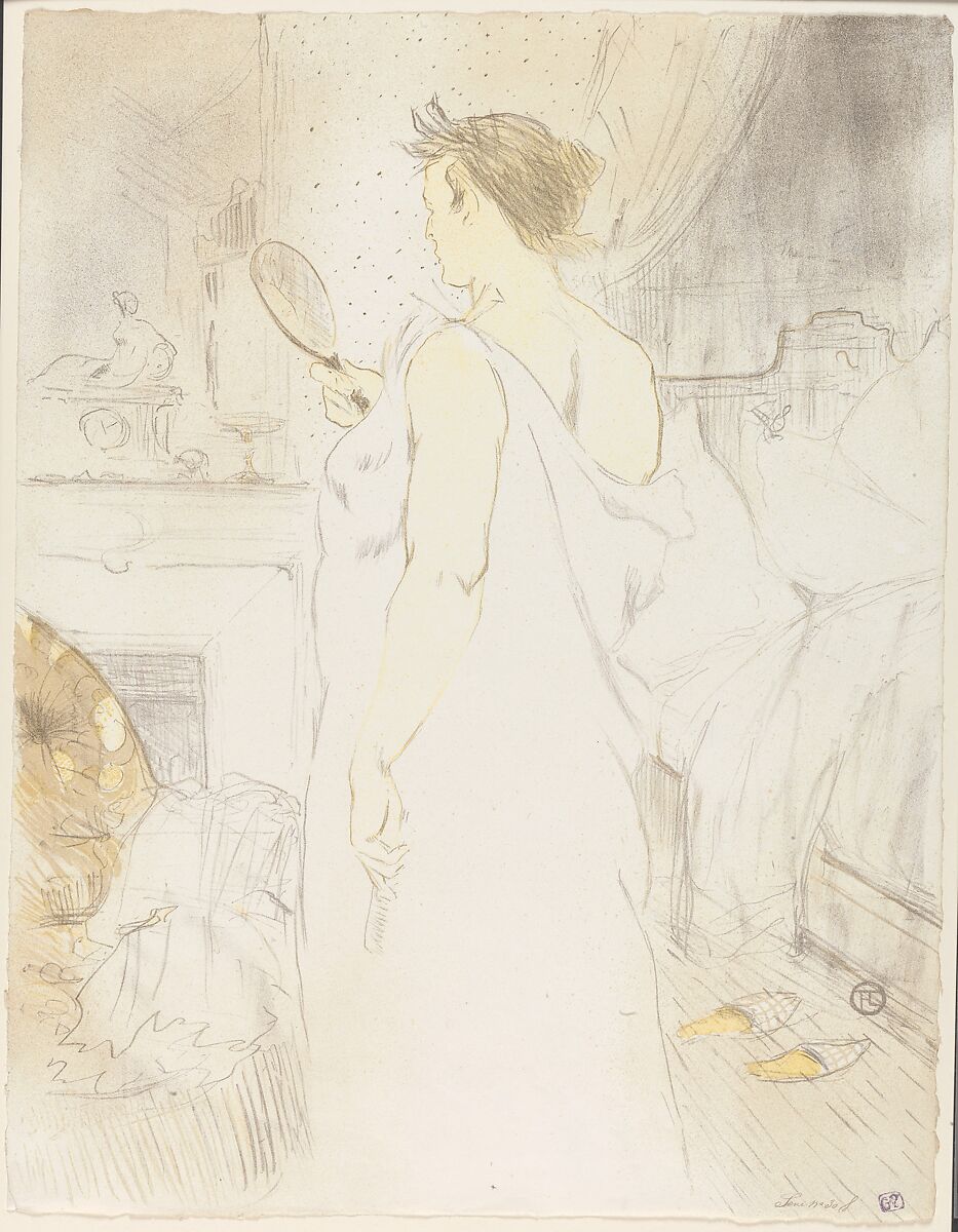 Looking in a Mirror, from "Elles", Henri de Toulouse-Lautrec (French, Albi 1864–1901 Saint-André-du-Bois), Crayon, brush and spatter lithograph printed in three colors on  wove paper