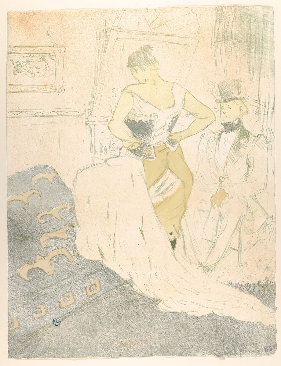 Fastening a Corset – A Passing Conquest, from "Elles", Henri de Toulouse-Lautrec (French, Albi 1864–1901 Saint-André-du-Bois), Crayon, brush and spatter lithograph with scraper printed in five colors on wove paper 