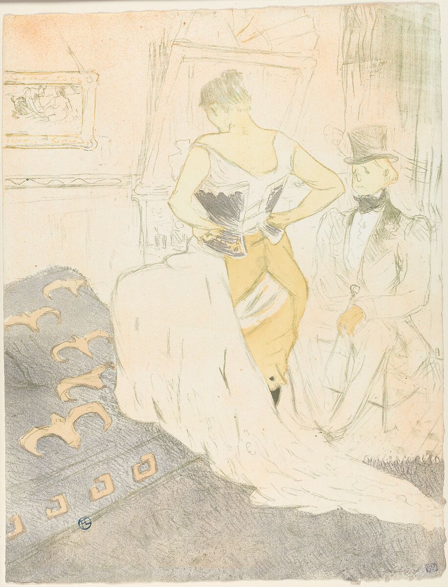 Fastening a Corset – A Passing Conquest, from "Elles", Henri de Toulouse-Lautrec (French, Albi 1864–1901 Saint-André-du-Bois), Crayon, brush and spatter lithograph with scraper printed in five colors on wove paper