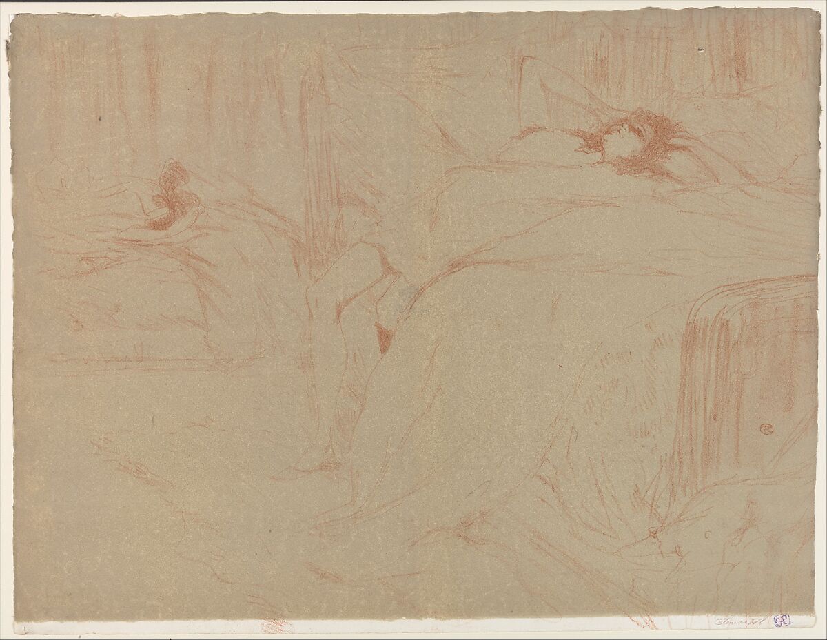 Collapsed on the Bed, from "Elles", Henri de Toulouse-Lautrec (French, Albi 1864–1901 Saint-André-du-Bois), Crayon lithograph printed in two colors on wove paper 