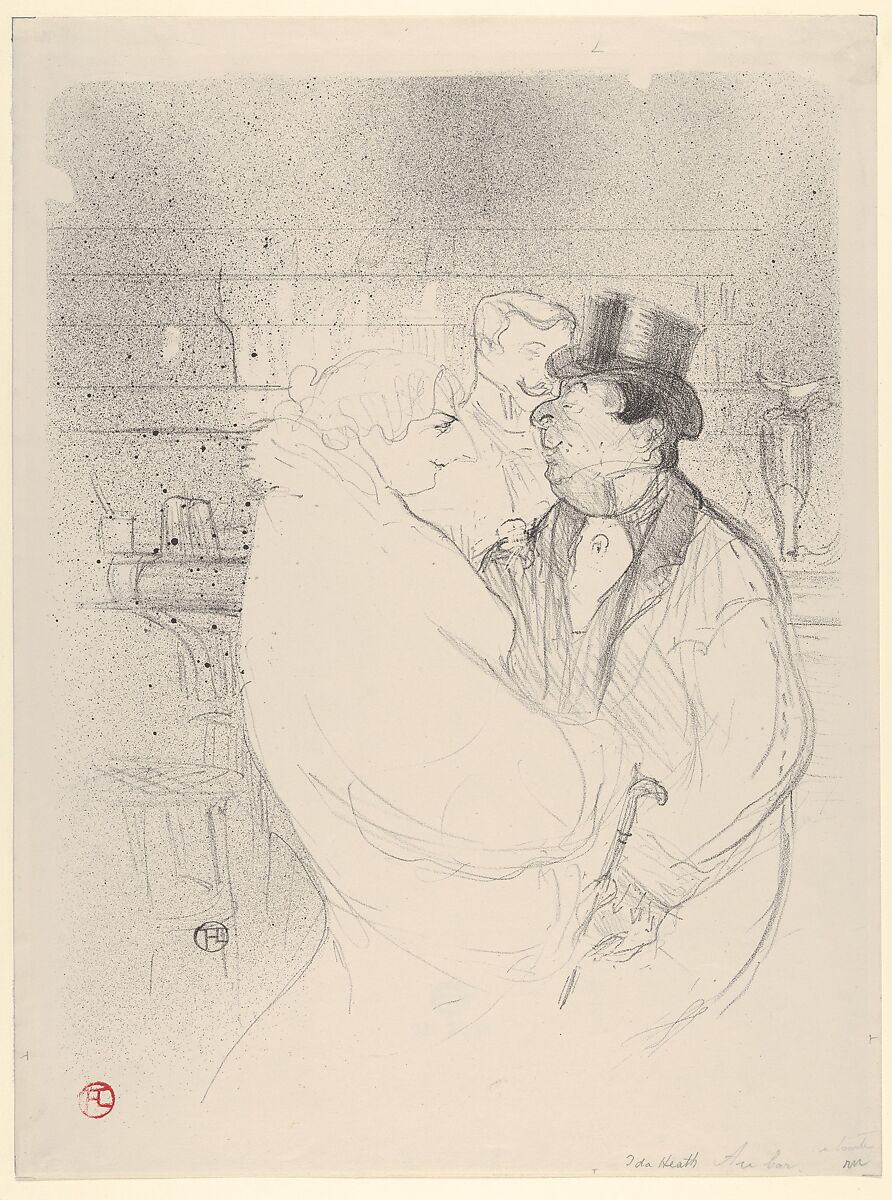 Ida Heath at the Bar, Henri de Toulouse-Lautrec (French, Albi 1864–1901 Saint-André-du-Bois), Crayon, brush and spatter lithograph with scraper printed in black ink on wove paper; only state 