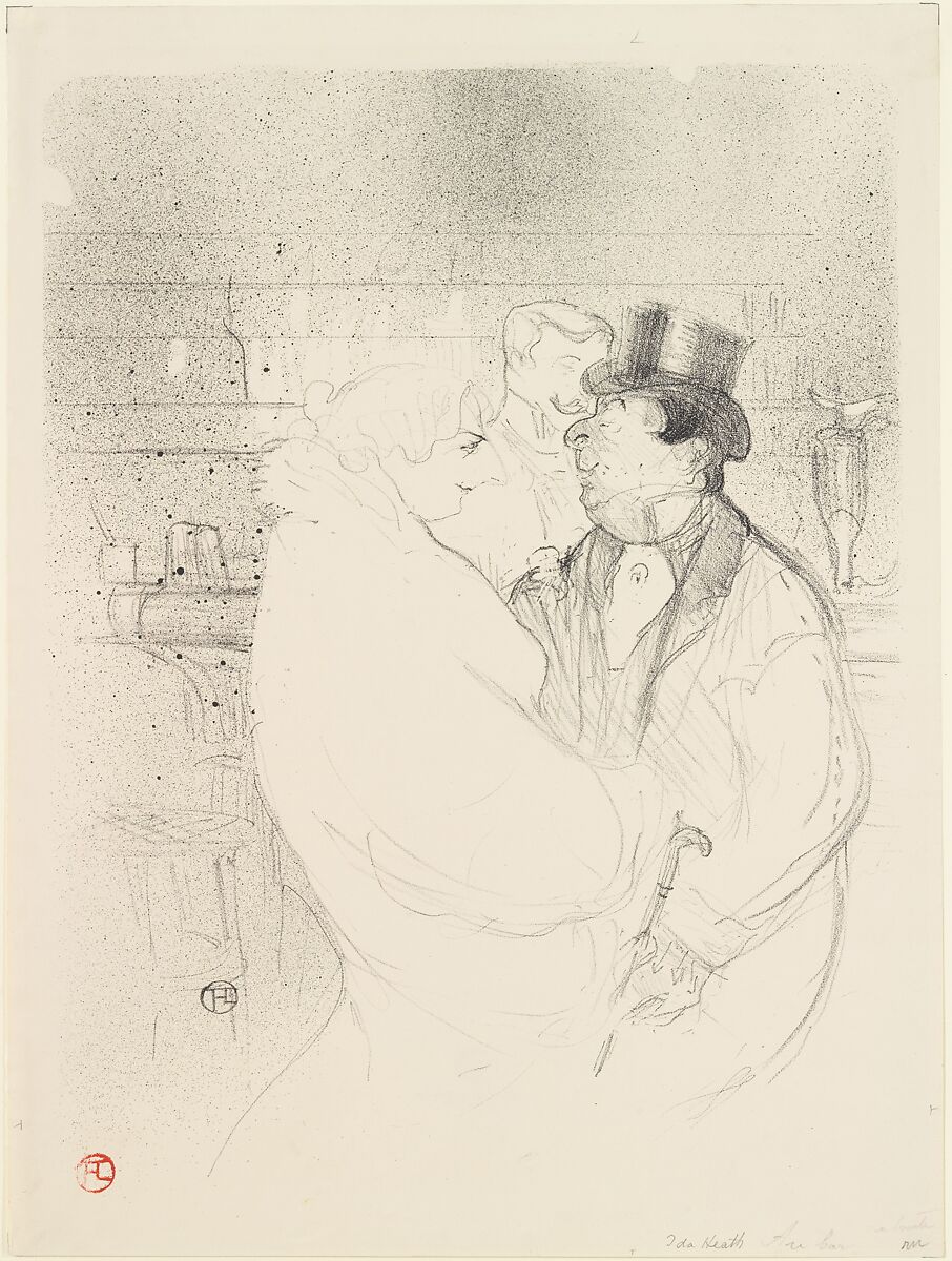 Ida Heath at the Bar, Henri de Toulouse-Lautrec (French, Albi 1864–1901 Saint-André-du-Bois), Crayon, brush and spatter lithograph with scraper printed in black ink on wove paper; only state