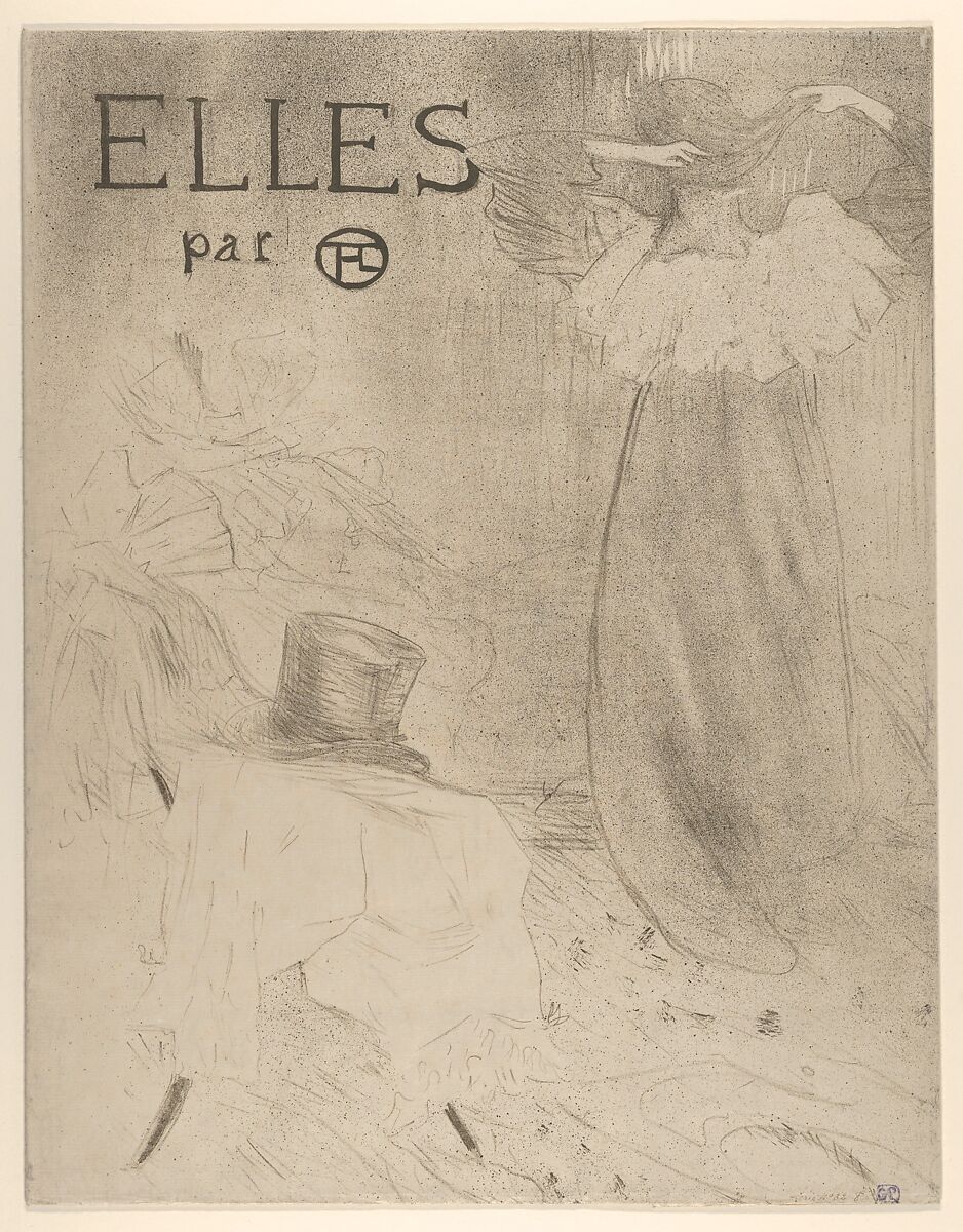 Elles (portfolio cover), Henri de Toulouse-Lautrec (French, Albi 1864–1901 Saint-André-du-Bois), Crayon, brush and spatter lithograph printed in brown-black on laid japan paper, folded in outer margins and center to make cover; first of three states 