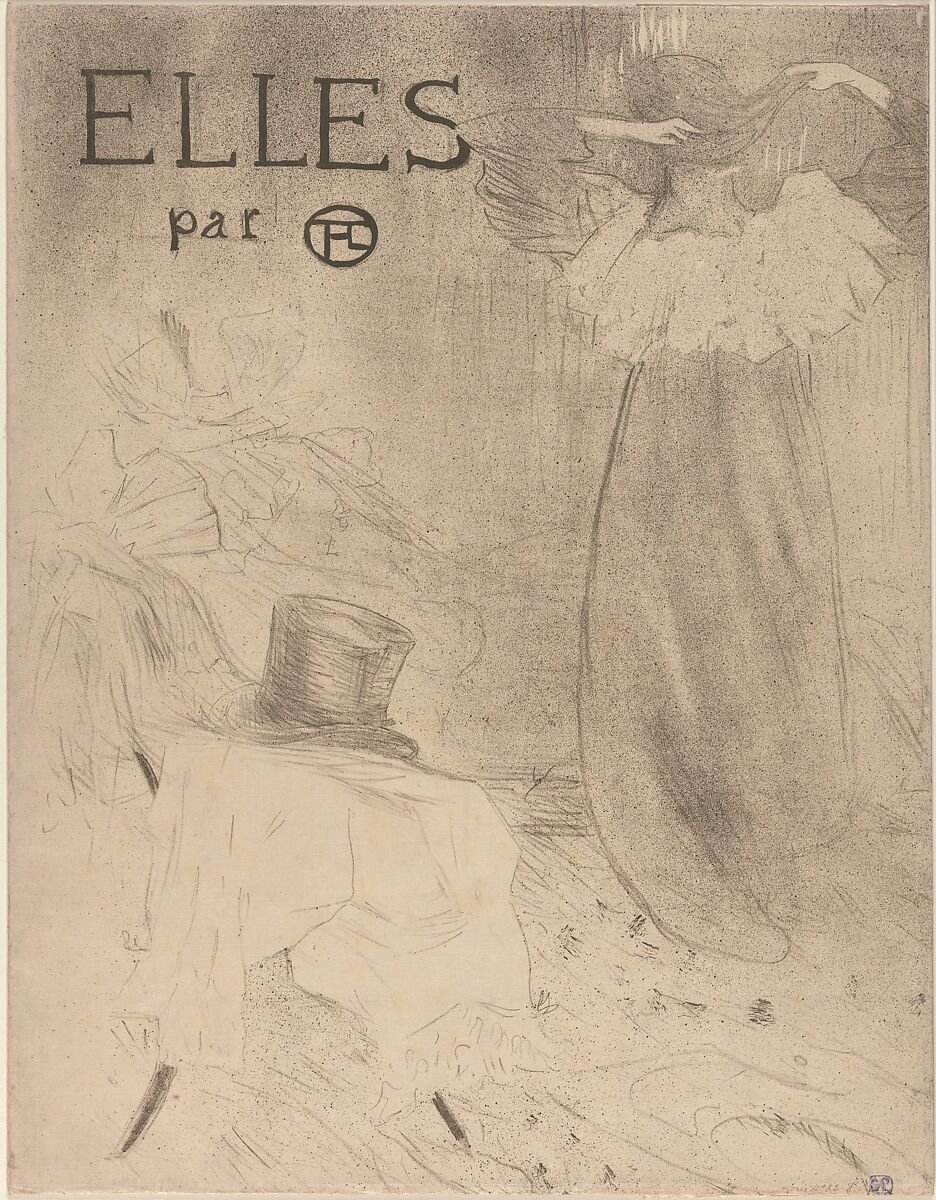 Elles (portfolio cover), Henri de Toulouse-Lautrec (French, Albi 1864–1901 Saint-André-du-Bois), Crayon, brush and spatter lithograph printed in brown-black on laid japan paper, folded in outer margins and center to make cover; first of three states