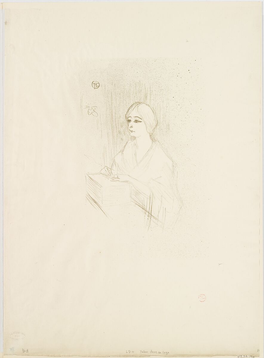 Léonie Yahne in her dressing room, in L'Age Difficile, Henri de Toulouse-Lautrec (French, Albi 1864–1901 Saint-André-du-Bois), Crayon and spatter lithograph with scraper printed in olive green on wove paper; only state