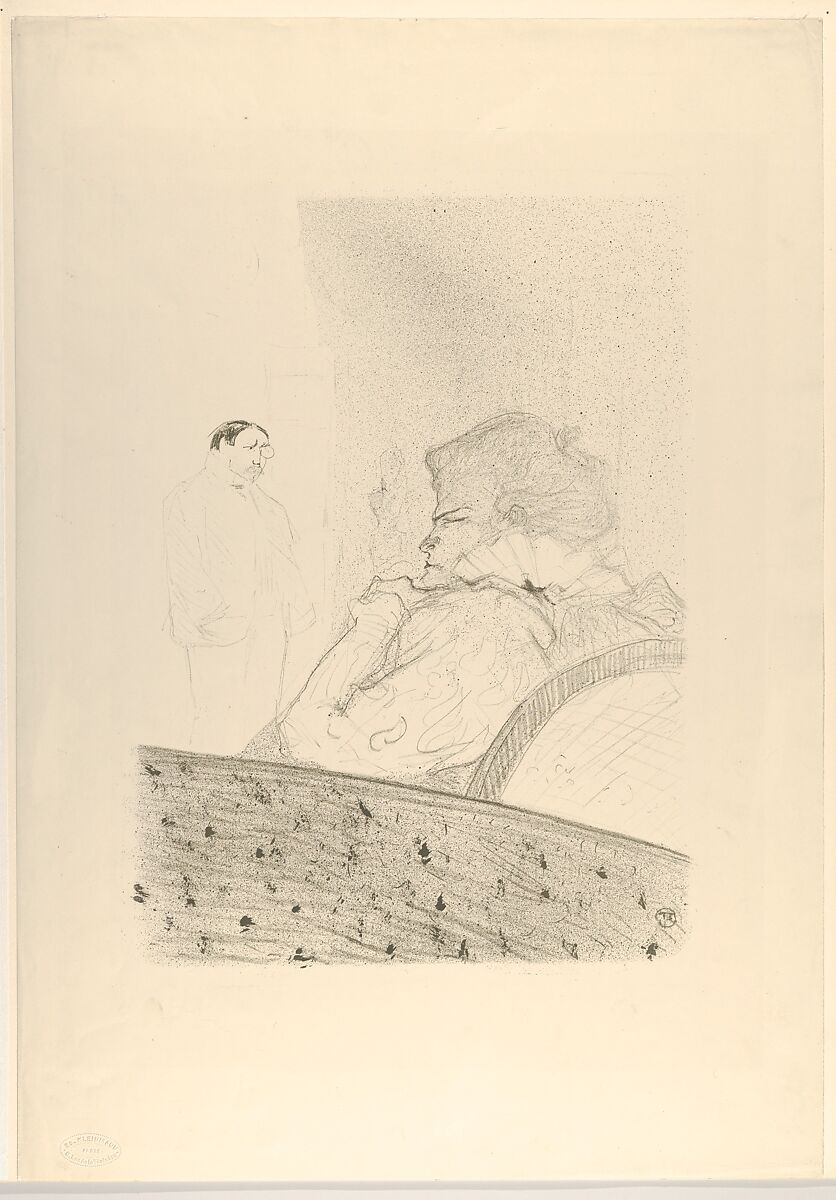 Brandès In Her Box, Henri de Toulouse-Lautrec (French, Albi 1864–1901 Saint-André-du-Bois), Crayon, brush and spatter lithograph printed in olive green on wove paper; only state 