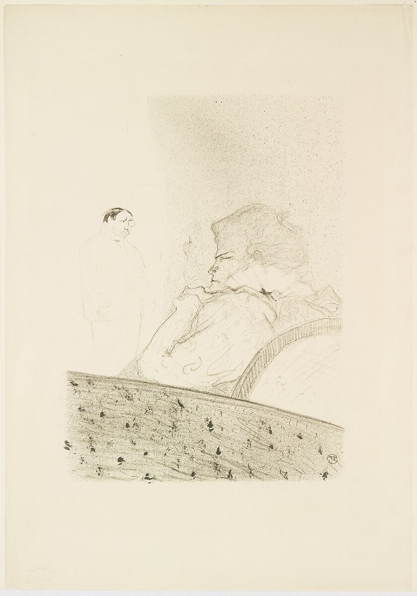 Brandès In Her Box, Henri de Toulouse-Lautrec (French, Albi 1864–1901 Saint-André-du-Bois), Crayon, brush and spatter lithograph printed in olive green on wove paper; only state