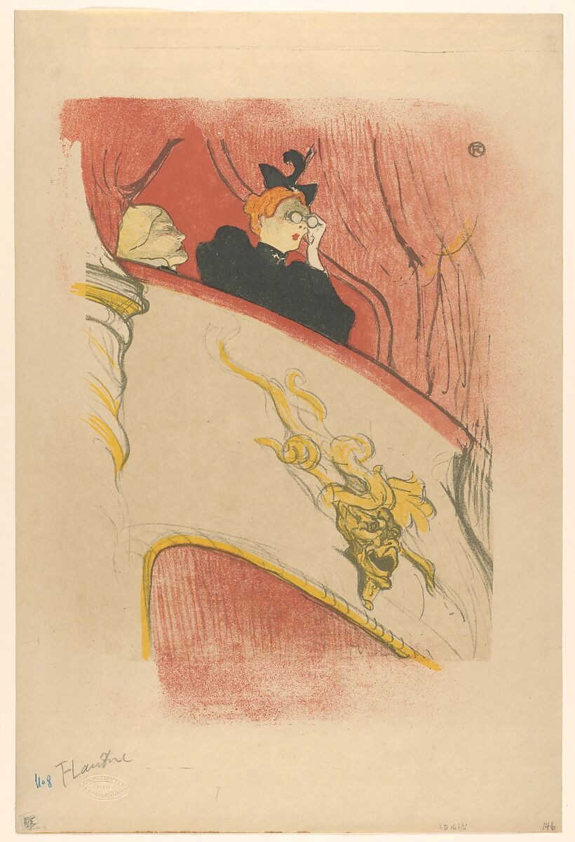 The Box with the Gilded Mask, Henri de Toulouse-Lautrec (French, Albi 1864–1901 Saint-André-du-Bois), Crayon, brush, and spatter lithograph with scraper printed in five colors on imitation japan paper; only state 