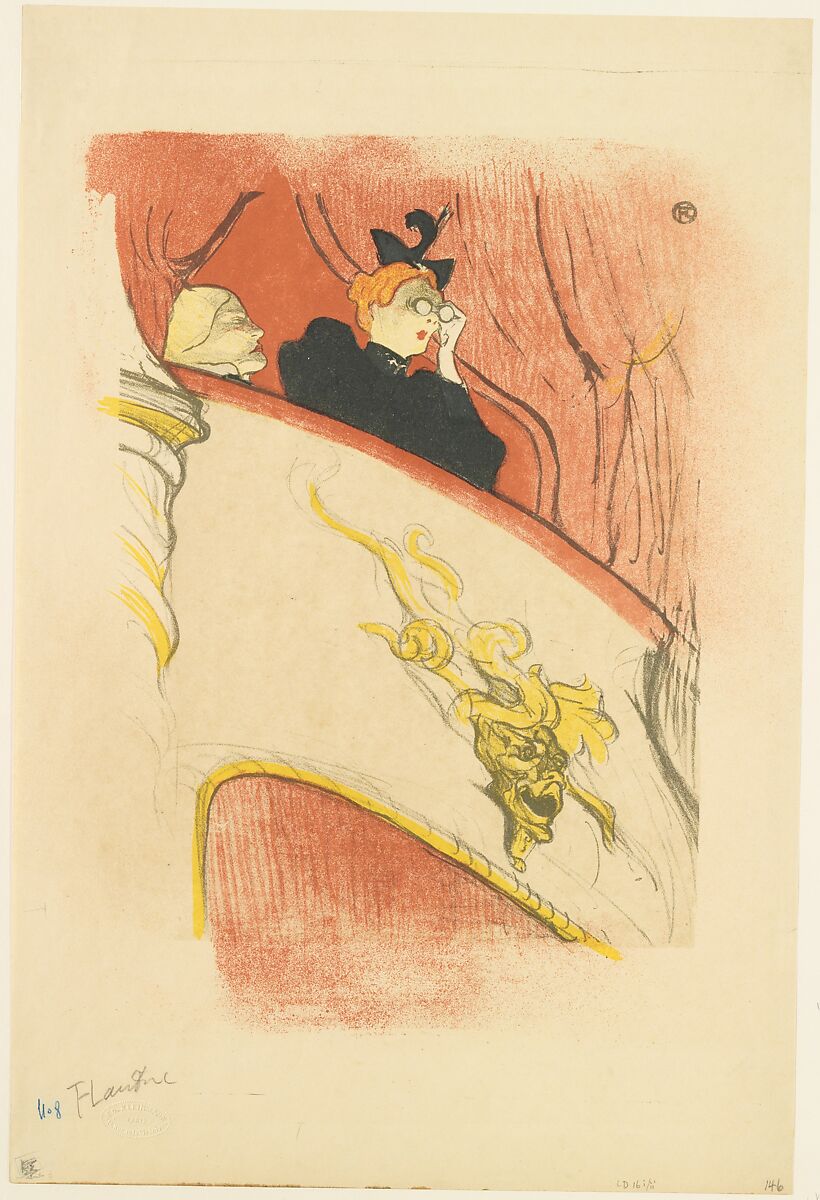 The Box with the Gilded Mask, Henri de Toulouse-Lautrec (French, Albi 1864–1901 Saint-André-du-Bois), Crayon, brush, and spatter lithograph with scraper printed in five colors on imitation japan paper; only state