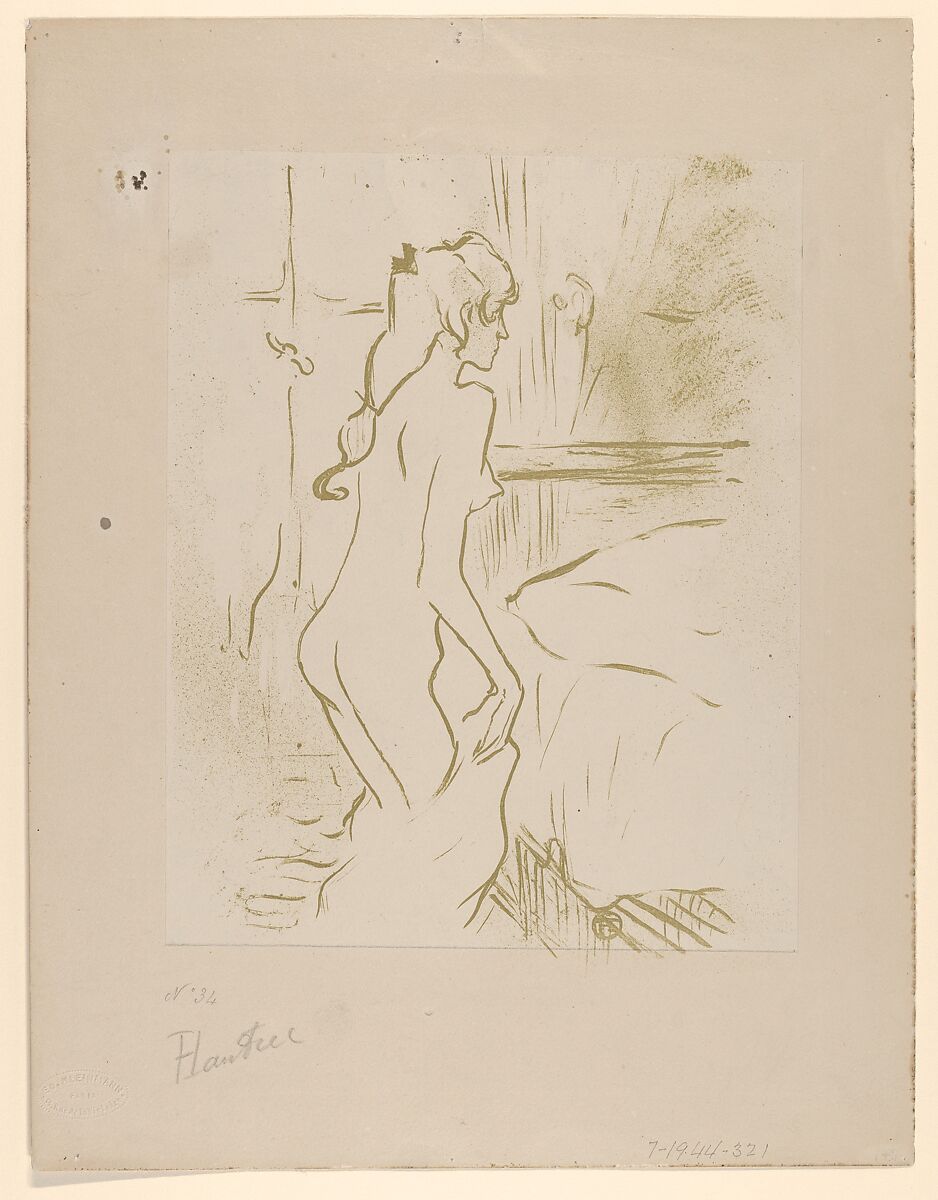 Study of a Woman, Henri de Toulouse-Lautrec (French, Albi 1864–1901 Saint-André-du-Bois), Brush and spatter lithograph printed in olive green on mounted wove paper; only state 