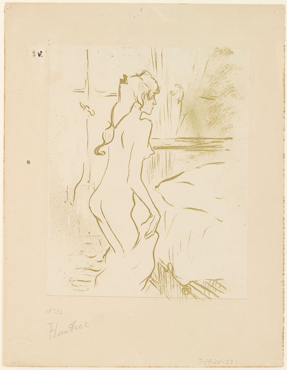 Study of a Woman, Henri de Toulouse-Lautrec (French, Albi 1864–1901 Saint-André-du-Bois), Brush and spatter lithograph printed in olive green on mounted wove paper; only state