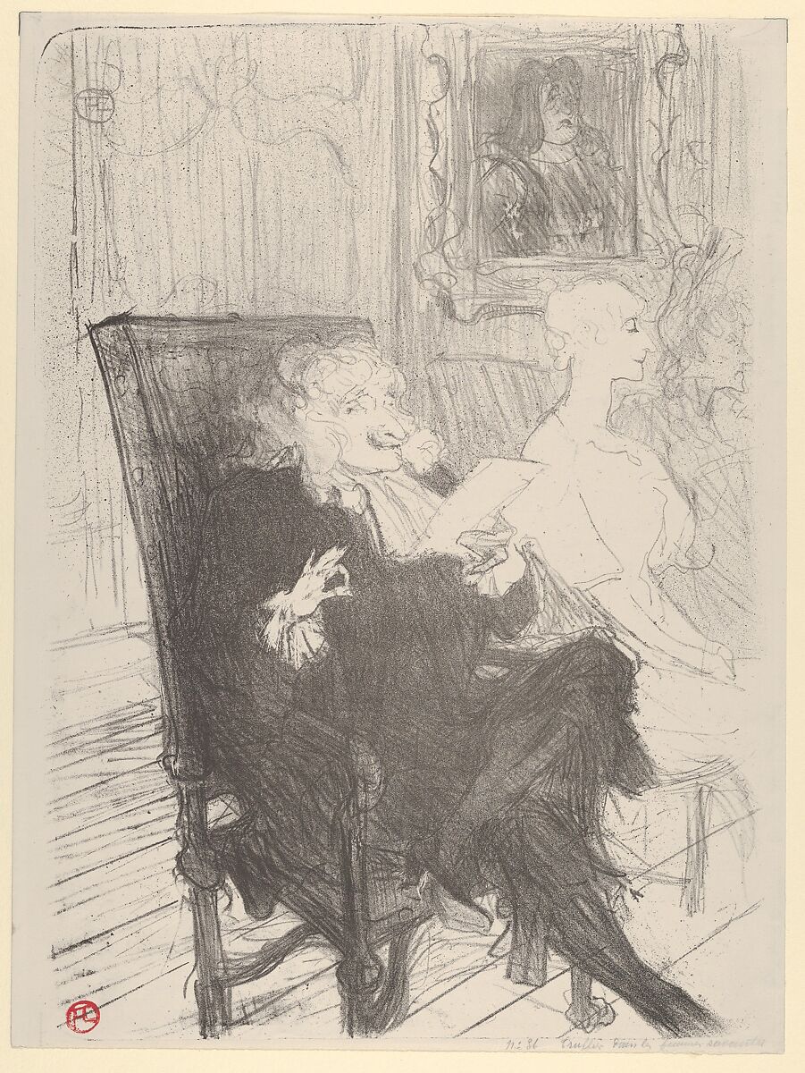 Truffier and Moreno, in Les Femmes Savantes, Henri de Toulouse-Lautrec (French, Albi 1864–1901 Saint-André-du-Bois), Crayon, brush and spatter lithograph with scraper printed in black on wove paper; only state 