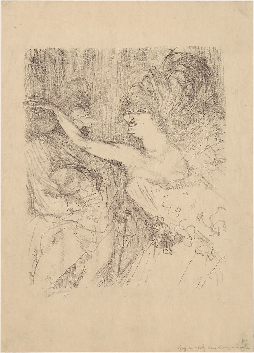 Guy and Mealy, in Paris Qui Marche, Henri de Toulouse-Lautrec (French, Albi 1864–1901 Saint-André-du-Bois), Crayon lithograph printed in dark violet on japan paper