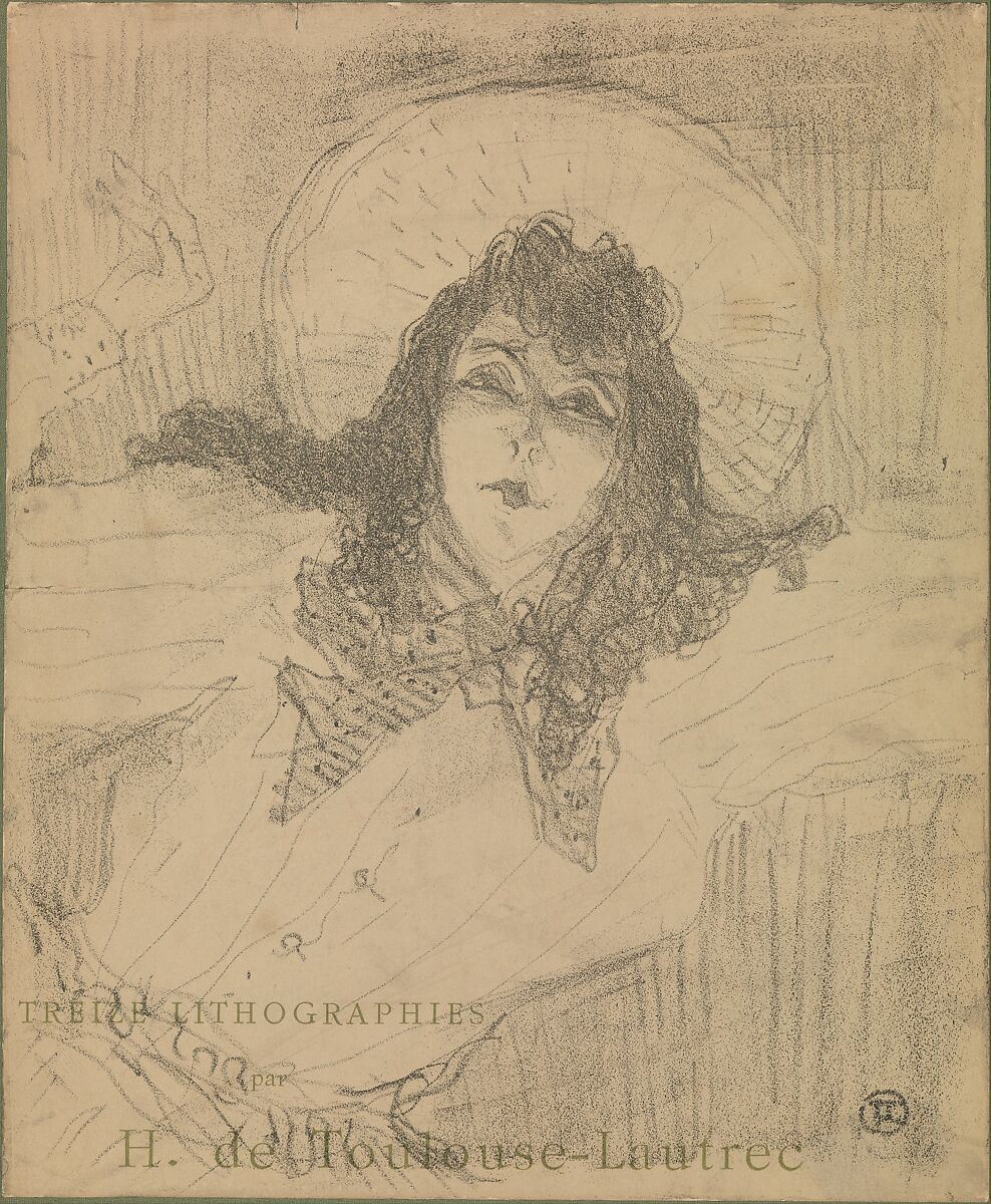 May Belfort, Title page for "Treize Lithographies", Henri de Toulouse-Lautrec (French, Albi 1864–1901 Saint-André-du-Bois), Crayon lithograph on china paper, pasted onto green linen portfolio cover 