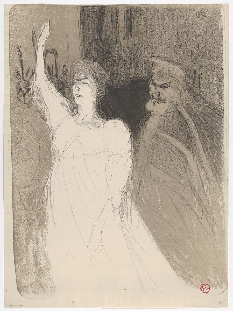 Bartet and Mounet-Sully, in Antigone, Henri de Toulouse-Lautrec (French, Albi 1864–1901 Saint-André-du-Bois), Crayon and brush lithograph printed in two colors on wove paper trimmed to plate edge; second state of two 