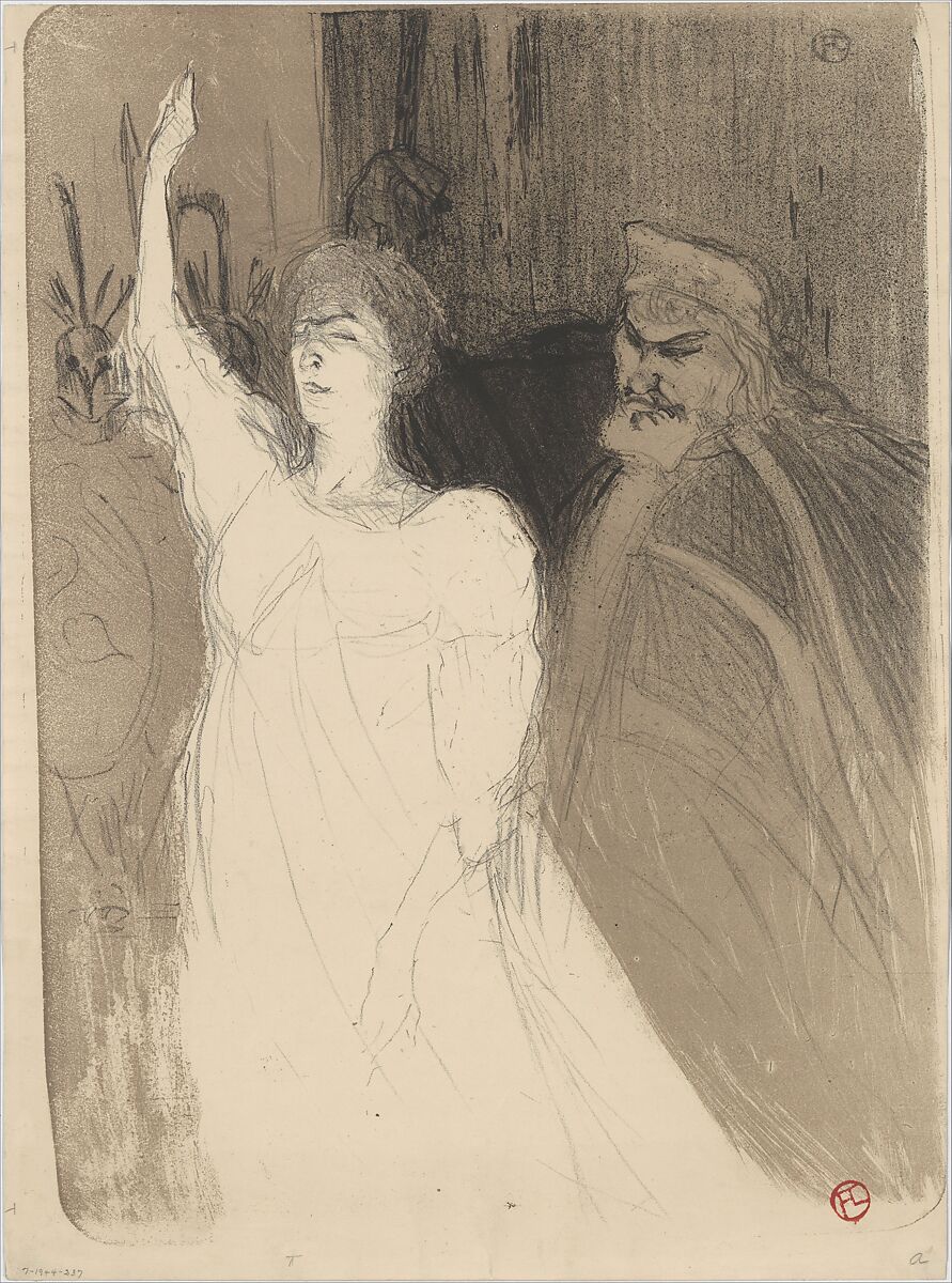 Bartet and Mounet-Sully, in Antigone, Henri de Toulouse-Lautrec (French, Albi 1864–1901 Saint-André-du-Bois), Crayon and brush lithograph printed in two colors on wove paper trimmed to plate edge; second state of two