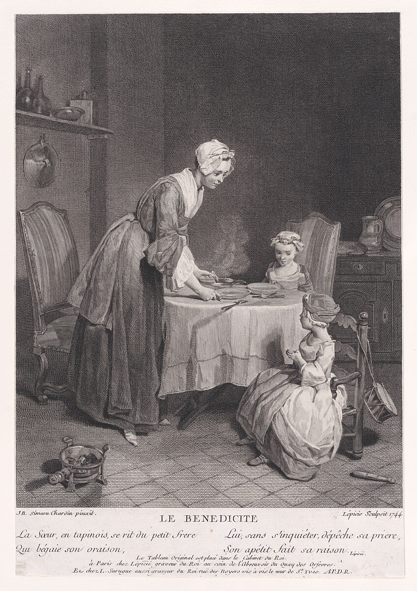 Saying Grace, Bernard Lepicié (French, Paris 1698–1755 Paris), Engraving with stipplework; second state 