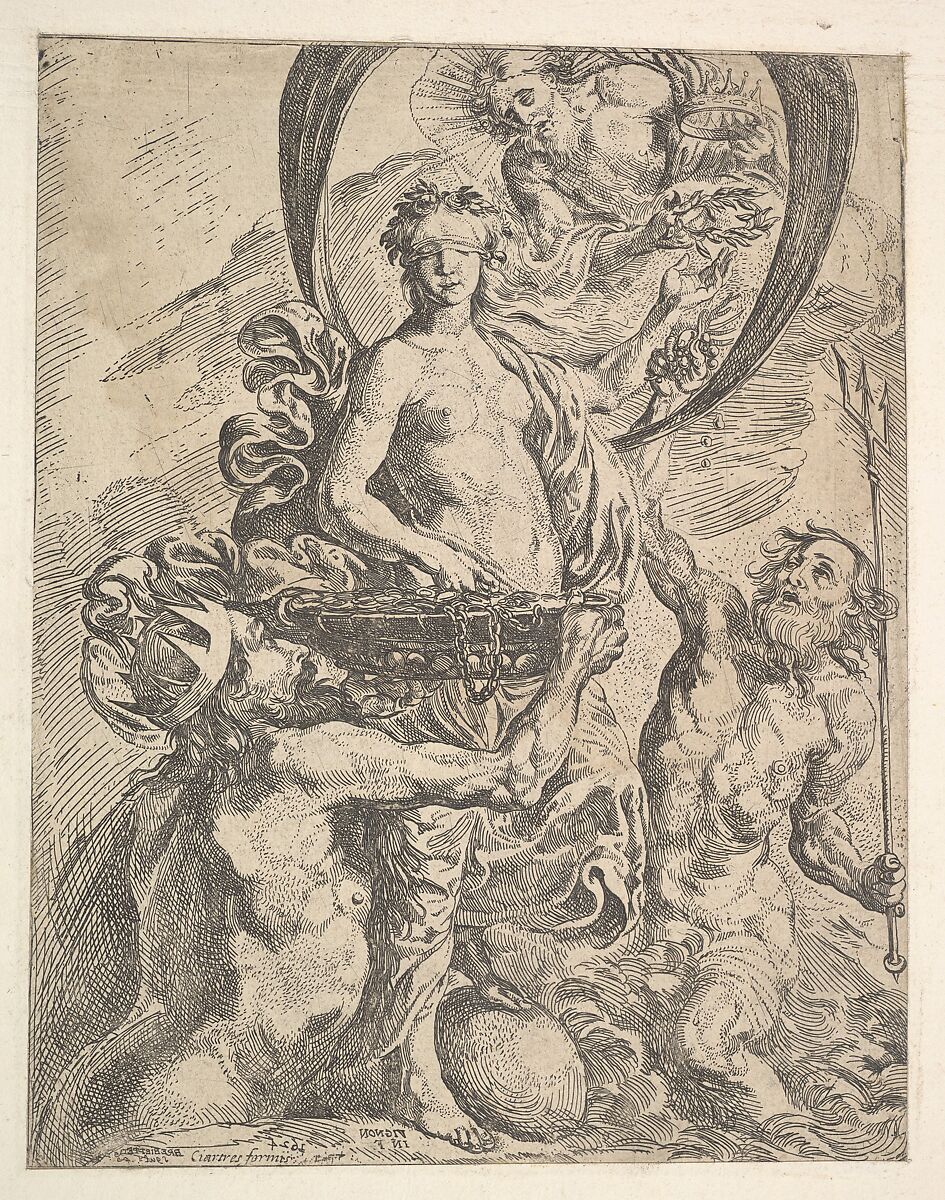 Jupiter, Pluto, and Neptune Offering their Riches to Fortune, Pierre Brebiette (French, Mantes-sur-Seine ca. 1598–1642 Paris), Etching 