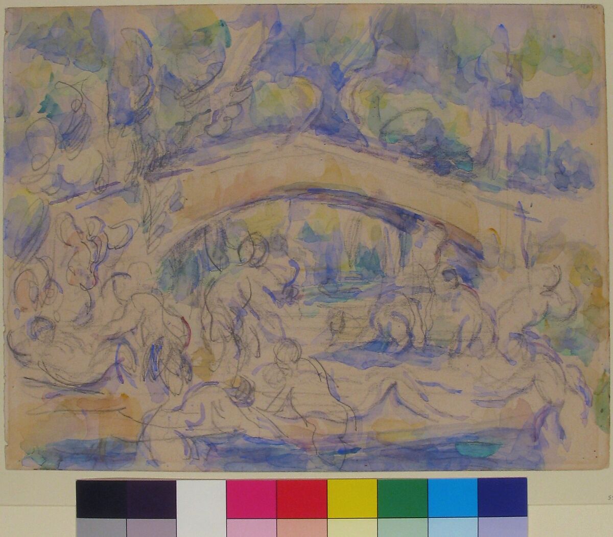 Bathers Under a Bridge (recto); Study after Houdon's Ecorché (verso), Paul Cézanne (French, Aix-en-Provence 1839–1906 Aix-en-Provence), Watercolor over graphite (recto); graphite (verso)