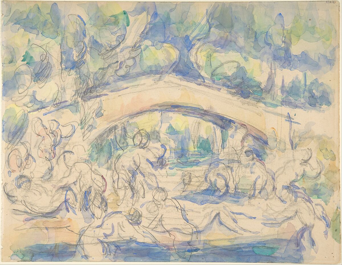 Bathers Under a Bridge (recto);  Study after Houdon's Ecorché (verso), Paul Cézanne (French, Aix-en-Provence 1839–1906 Aix-en-Provence), Watercolor over graphite (recto); graphite (verso) 