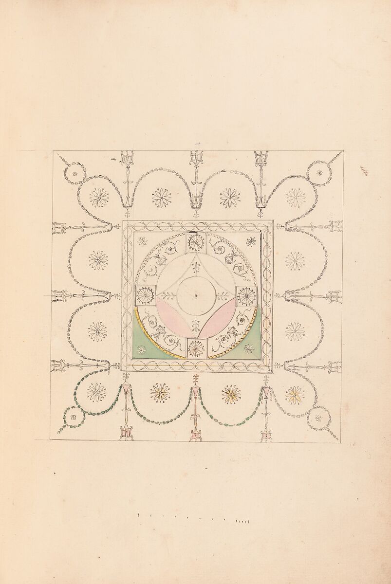 Drawings for Ceilings and Wall Elevations, James Wyatt (British, Weeford, Staffordshire 1746–1813 near Marlborough, Wiltshire), Pen and ink, brush and wash, watercolor, over graphite 