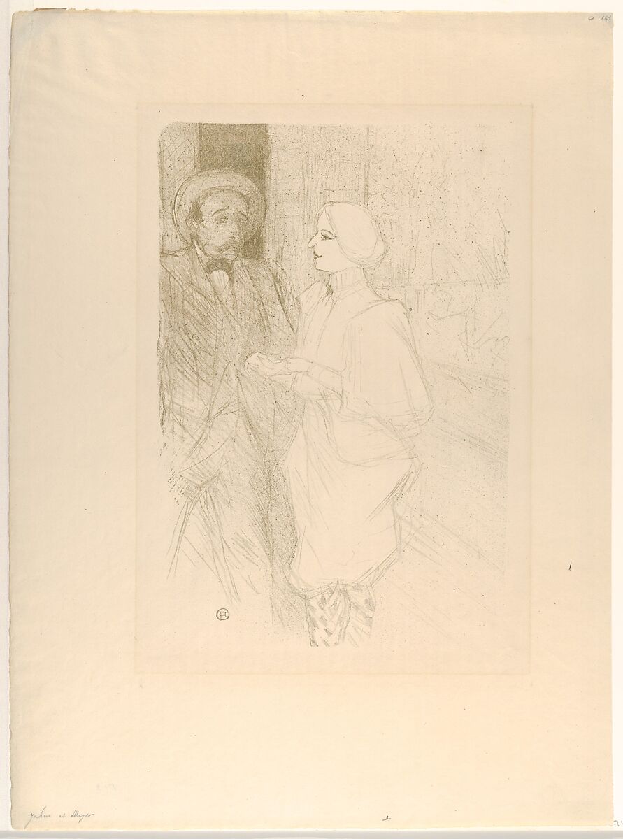 Léonie Yahne and Henry Mayer, in L'Age Difficile, Henri de Toulouse-Lautrec (French, Albi 1864–1901 Saint-André-du-Bois), Crayon and spatter lithograph with scraper printed in olive green on wove paper; only state 