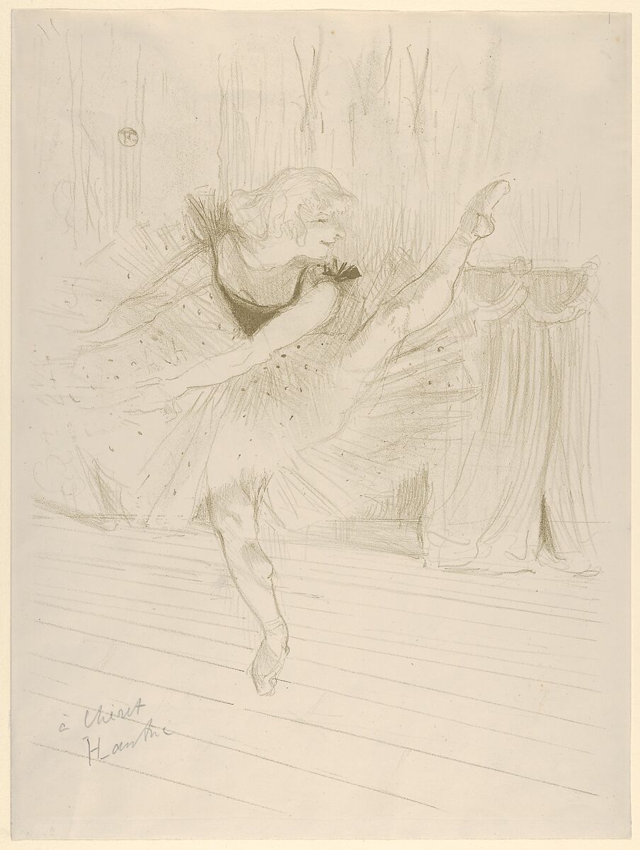 Miss Ida Heath, English Dancer, Henri de Toulouse-Lautrec (French, Albi 1864–1901 Saint-André-du-Bois), Crayon and brush lithograph with scraper printed in olive green on wove paper; only state 