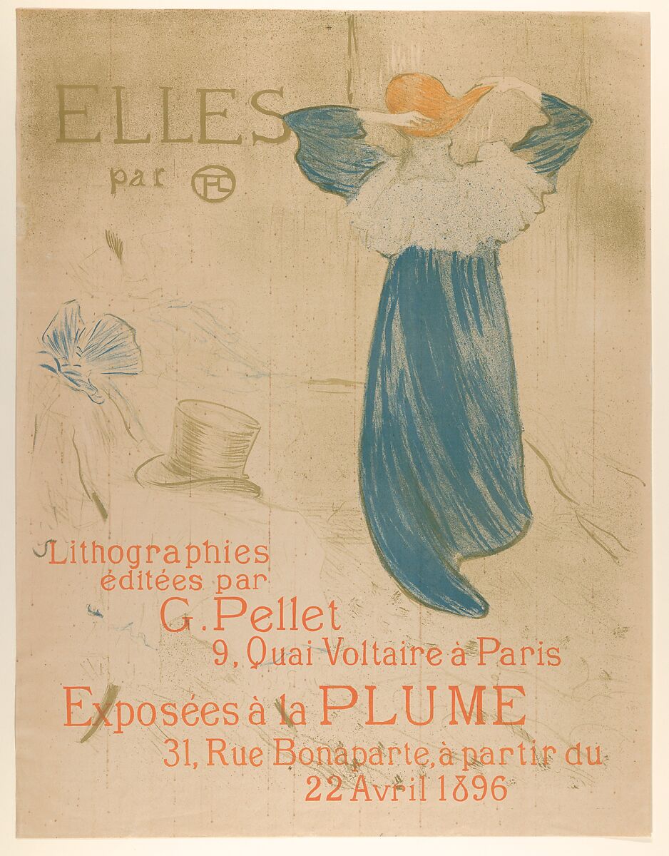 Elles (poster for 1896 exhibition at La Plume), Henri de Toulouse-Lautrec (French, Albi 1864–1901 Saint-André-du-Bois), Crayon, brush, and spatter lithograph printed in four colors on beige wove paper; third of three states (poster edition) 