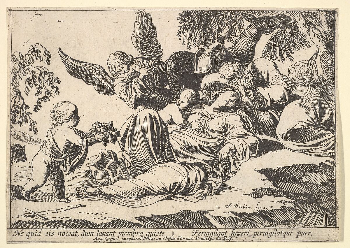 Angels Giving Fruit to the Sleeping Holy Family, Pierre Brebiette (French, Mantes-sur-Seine ca. 1598–1642 Paris), Etching 