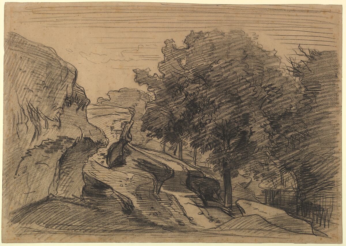 Rocky Landscape, Charles-François Daubigny  French, Black chalk on brown paper