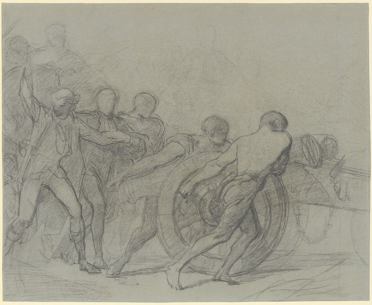 Study for "The Enrollment of the Volunteers of 1792", Thomas Couture (French, Senlis 1815–1879 Villiers-le-Bel), Black chalk on gray paper 