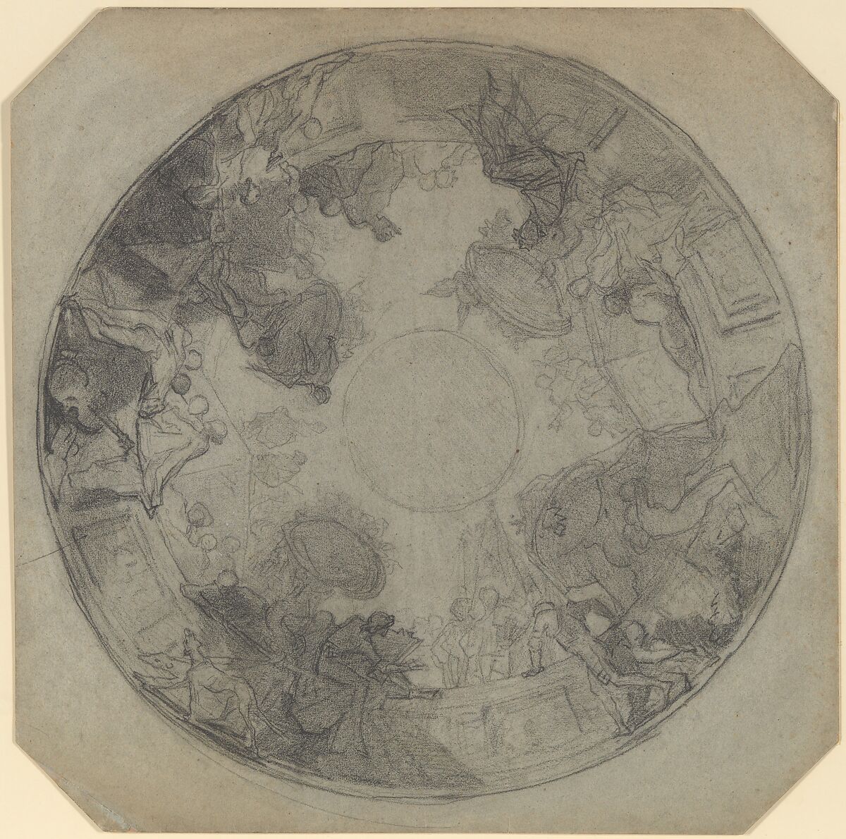 Study for the decoration of the ceiling of the Opéra Comique, Thomas Couture (French, Senlis 1815–1879 Villiers-le-Bel), Black chalk on blue paper mounted on cardboard 