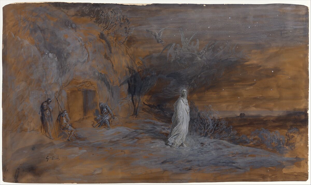 Le Christ sortant du tombeau, Gustave Doré (French, Strasbourg 1832–1883 Paris), Gouache and brush and brown ink; over black chalk on brown paper 